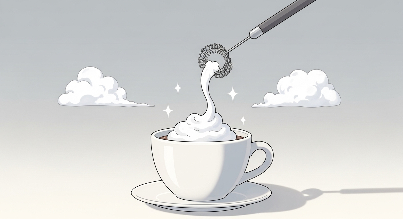 コーヒーカップの上にミルクフォーマーで作られたふわふわの泡が乗せられるイラスト