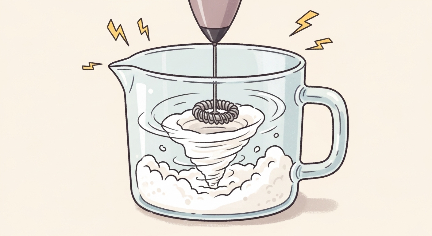 ガラスポットの中で牛乳をパワフルに泡立てているミルクフォーマーのイラスト