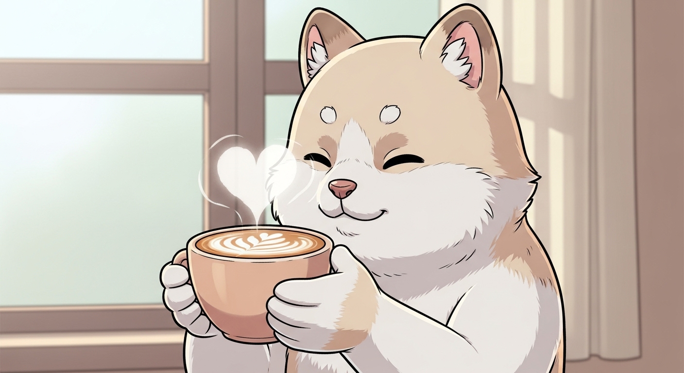 ふわふわのカフェラテを両手で持って幸せそうに香りを楽しむキャラクター