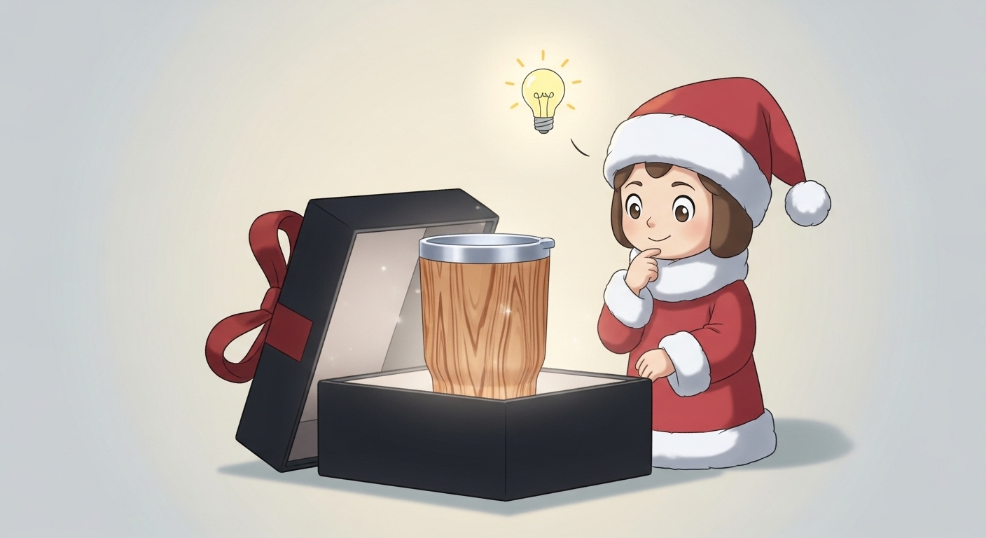 ギフトボックスに入った輝くタンブラーを見て喜ぶキャラクター