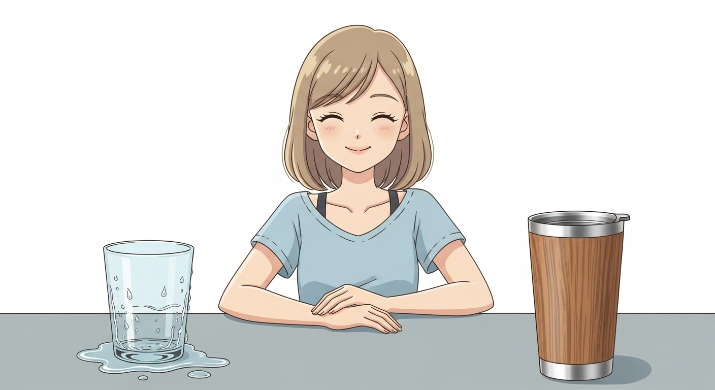 結露したグラスと結露しないタンブラーを比べて満足しているキャラクター