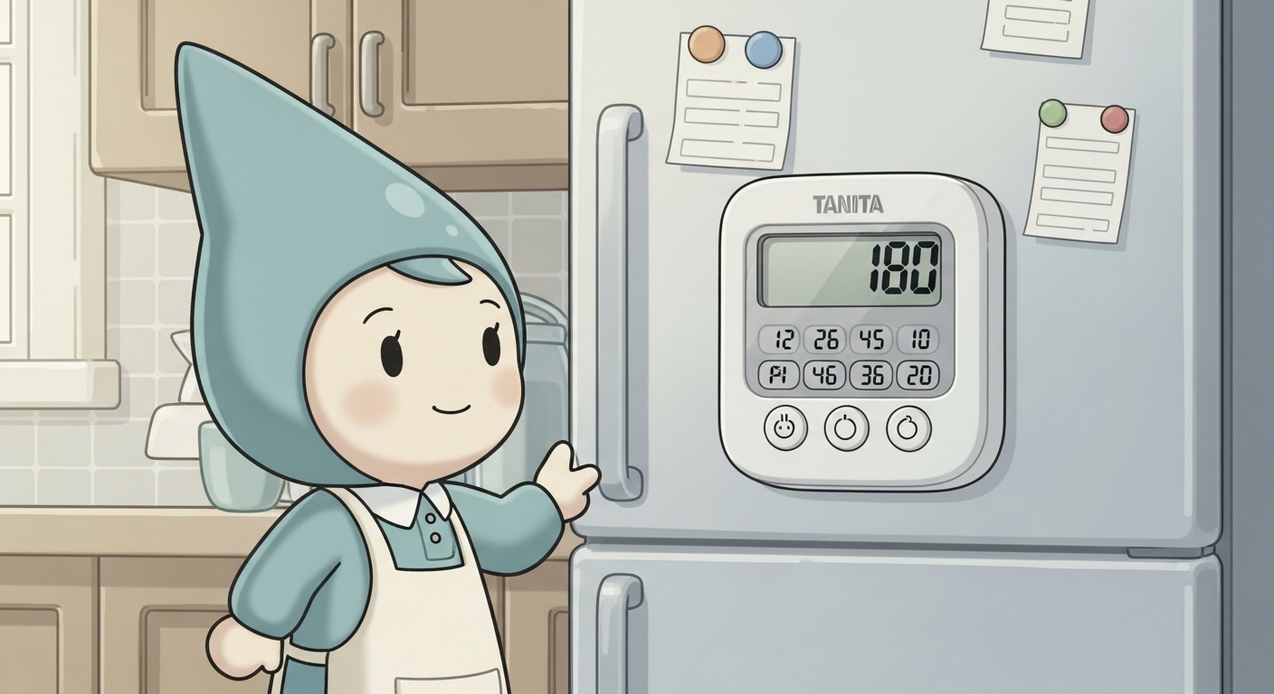 冷蔵庫に貼られたタニタタイマーの大きな画面を見て喜ぶキャラクター