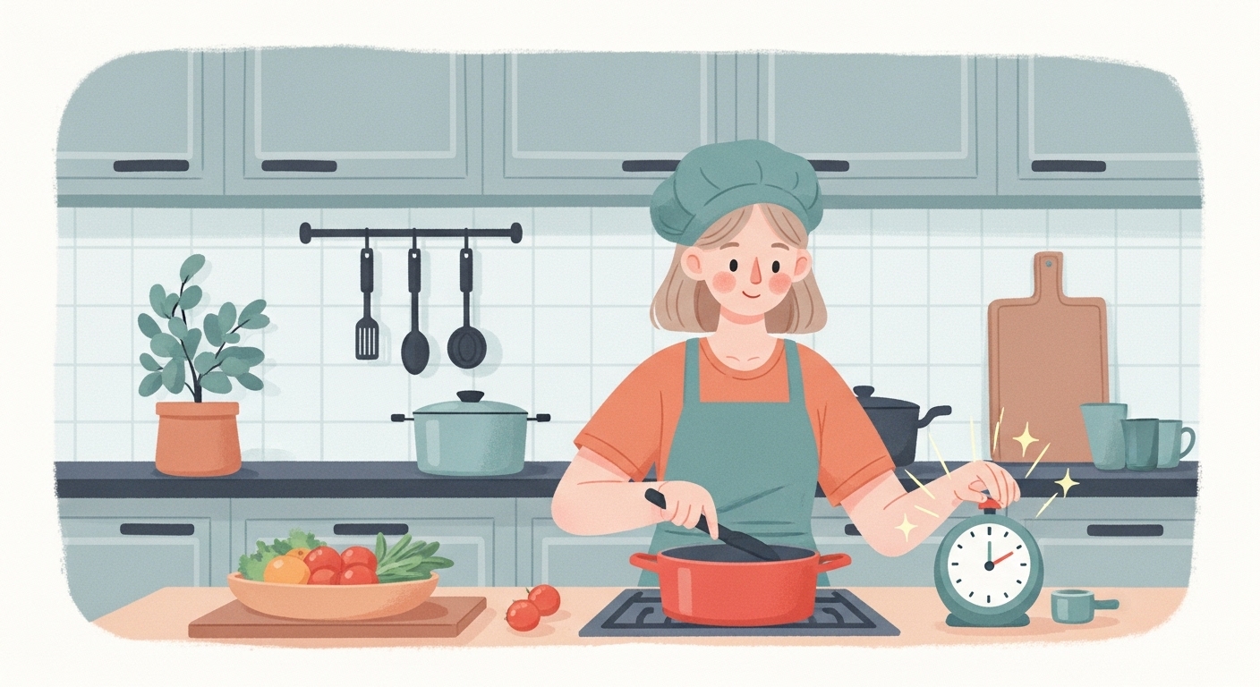タニタタイマーで時間を管理しながら楽しく料理をするキャラクター