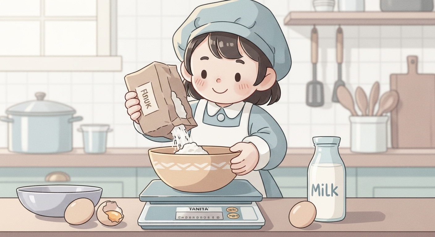 タニタのスケールを使ってレシピブック通りに材料を計るキャラクター