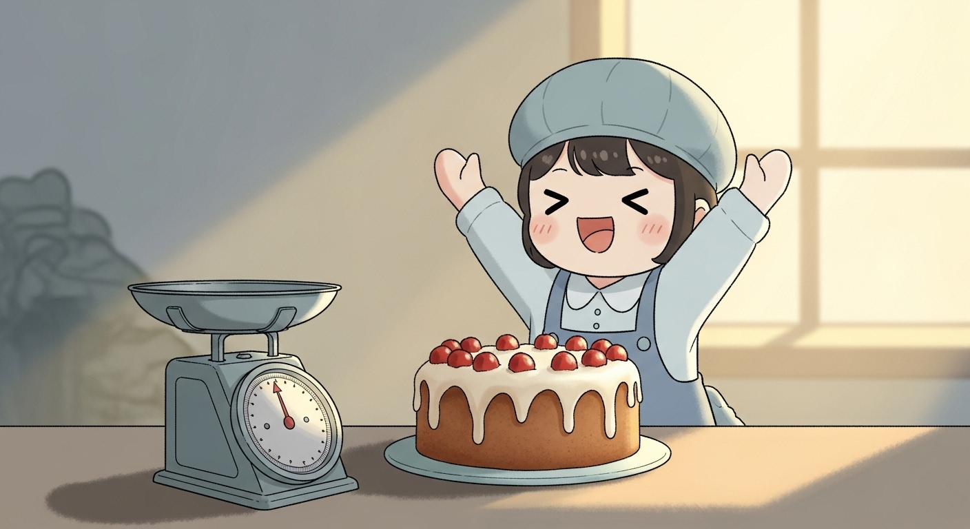 完璧に焼きあがったケーキとタニタのスケールの前で喜ぶキャラクター