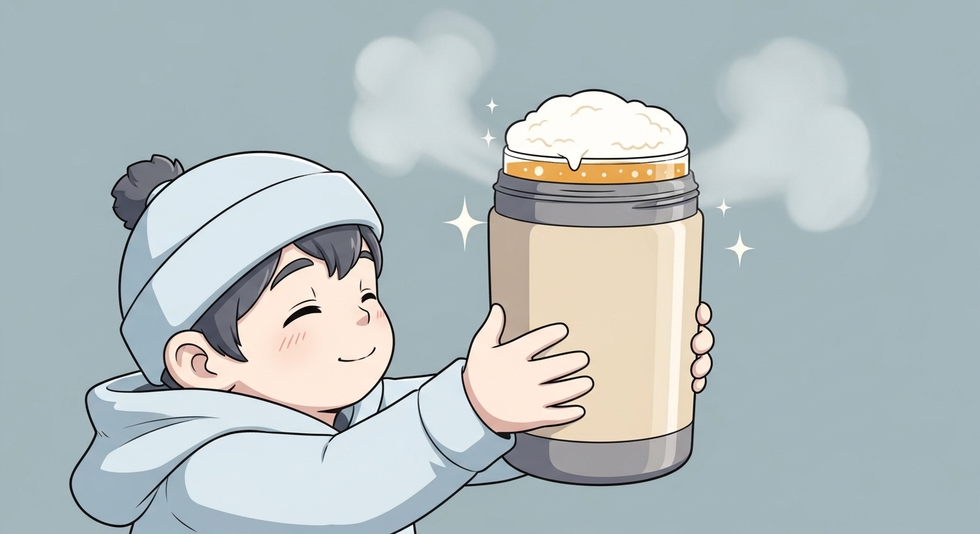 サーモス タンブラーに注がれた完璧な泡立ちの冷たいビールと満足げなキャラクター