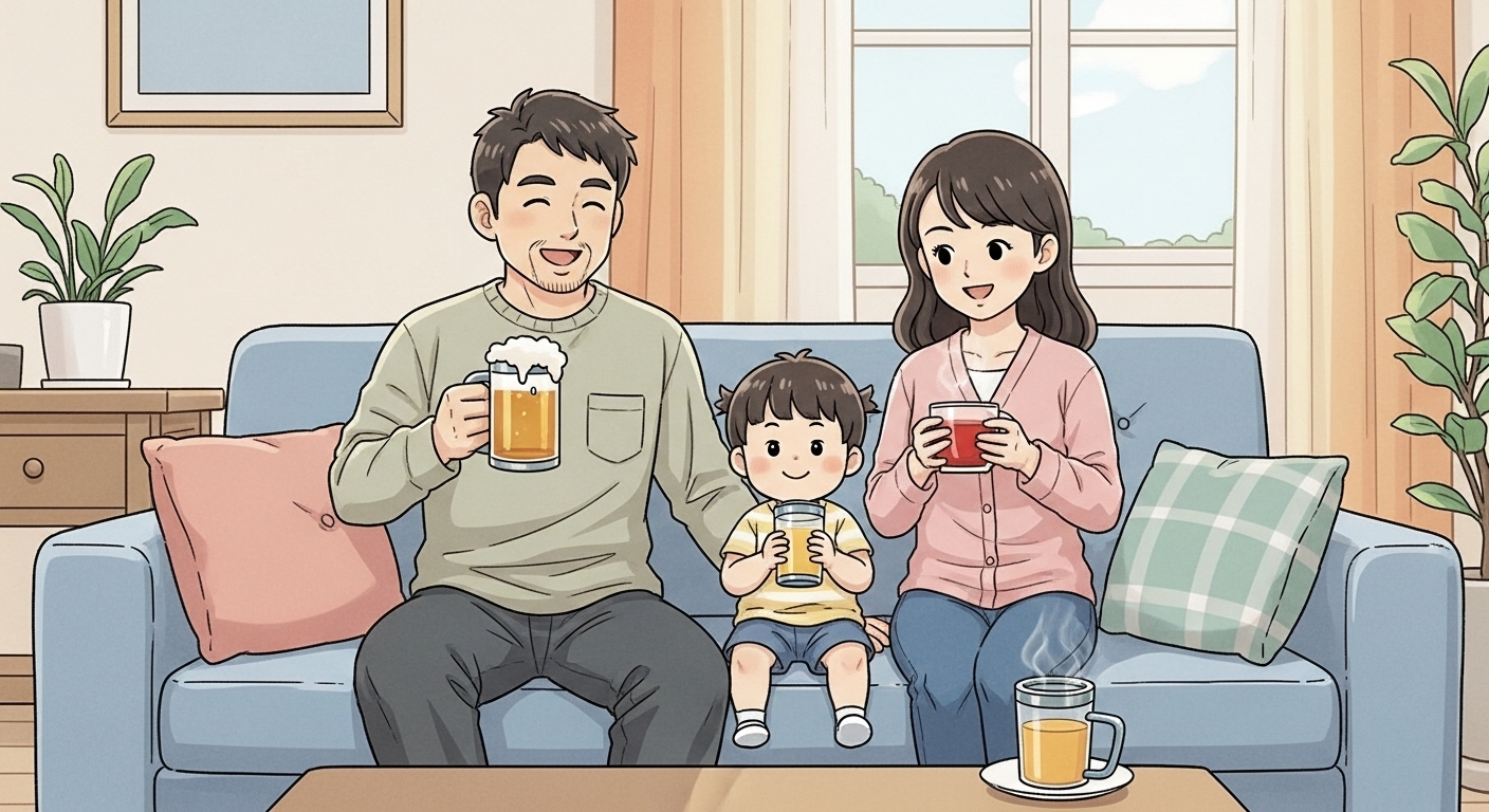 家族それぞれが自分のサーモス タンブラーで好きな飲み物を楽しんでいるシーン