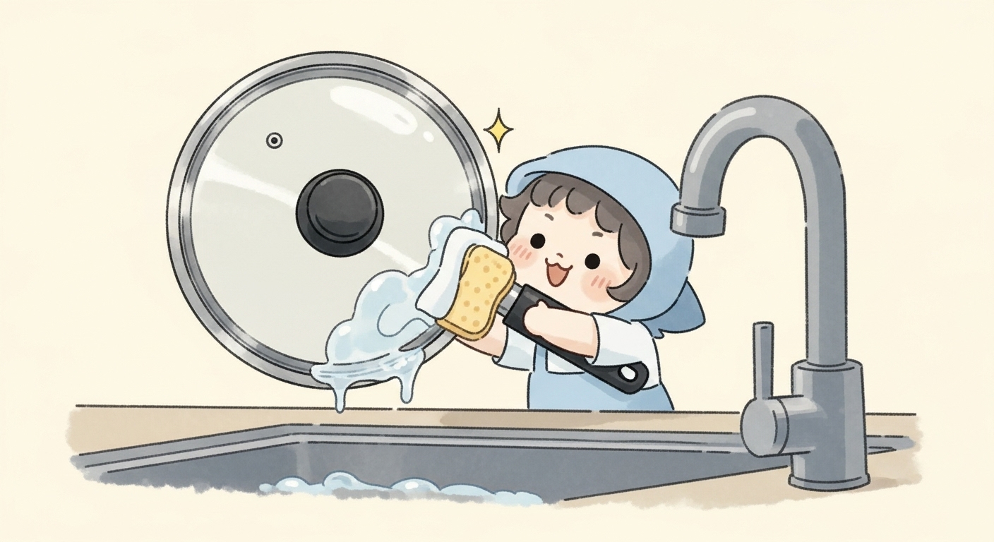 片手で-軽々と-フライパンの蓋を-洗うキャラクター