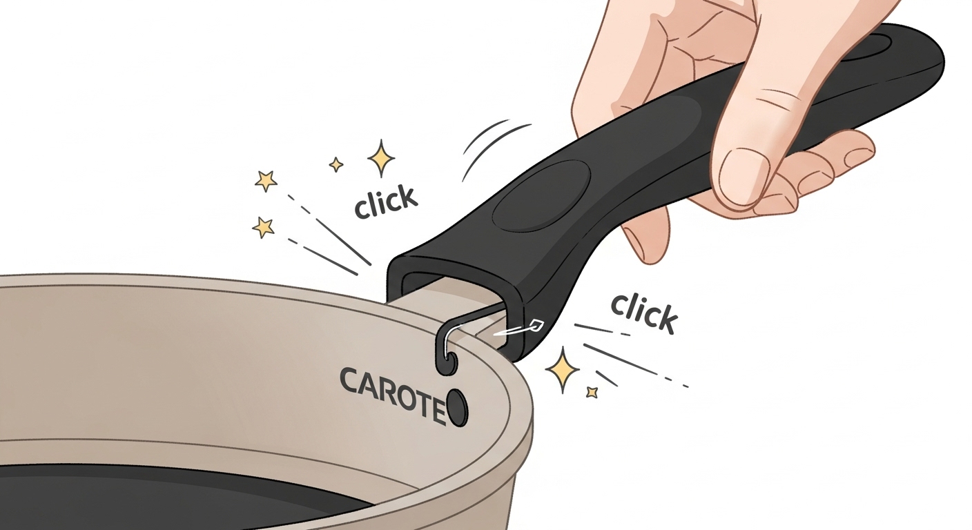 CAROTEのフライパンに専用の着脱式ハンドルを取り付ける手のクローズアップ