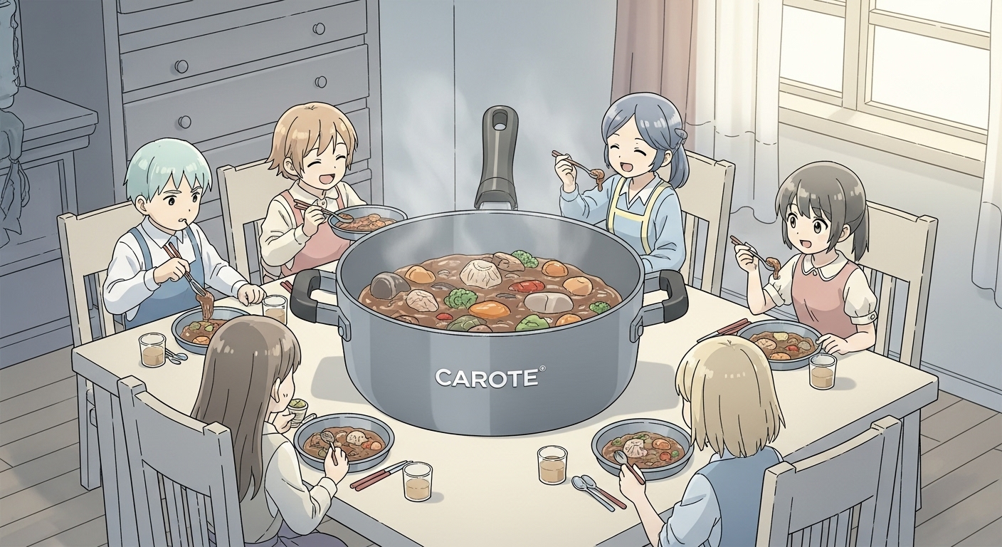 取っ手を外してそのままお皿として食卓に並べられたCAROTEの鍋