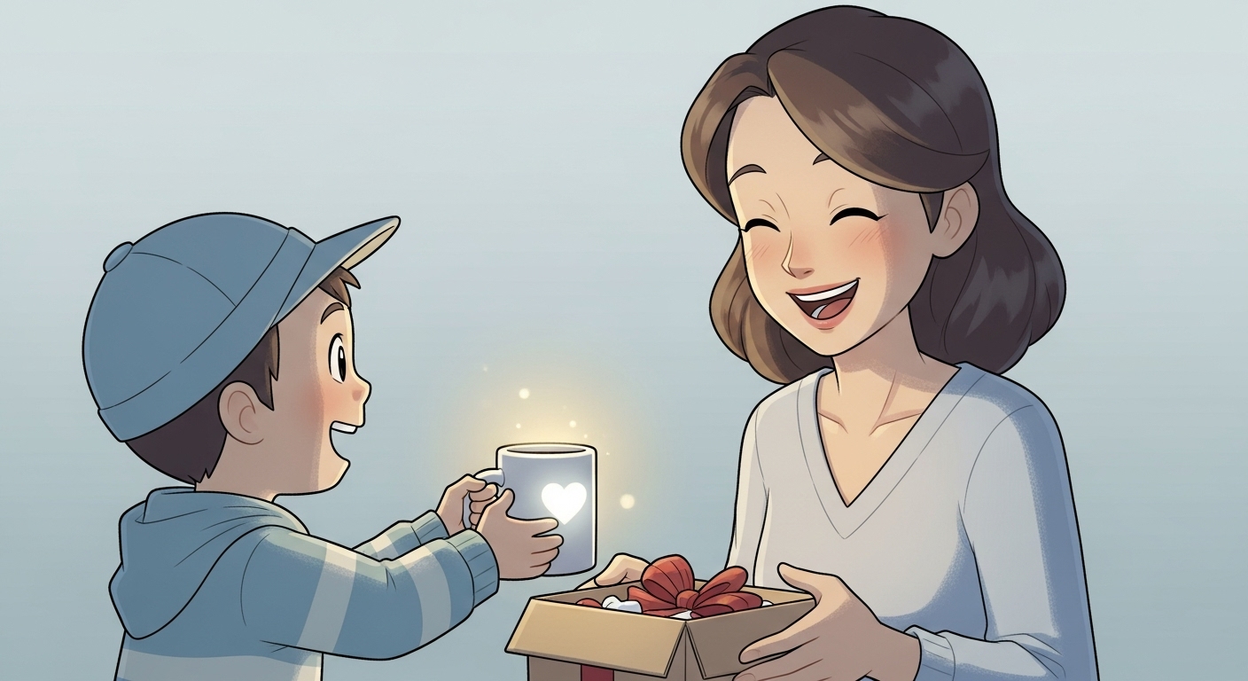 子供から-ハートマーク付きの-マグカップを-プレゼントされ-喜ぶ-お母さん-キャラクター