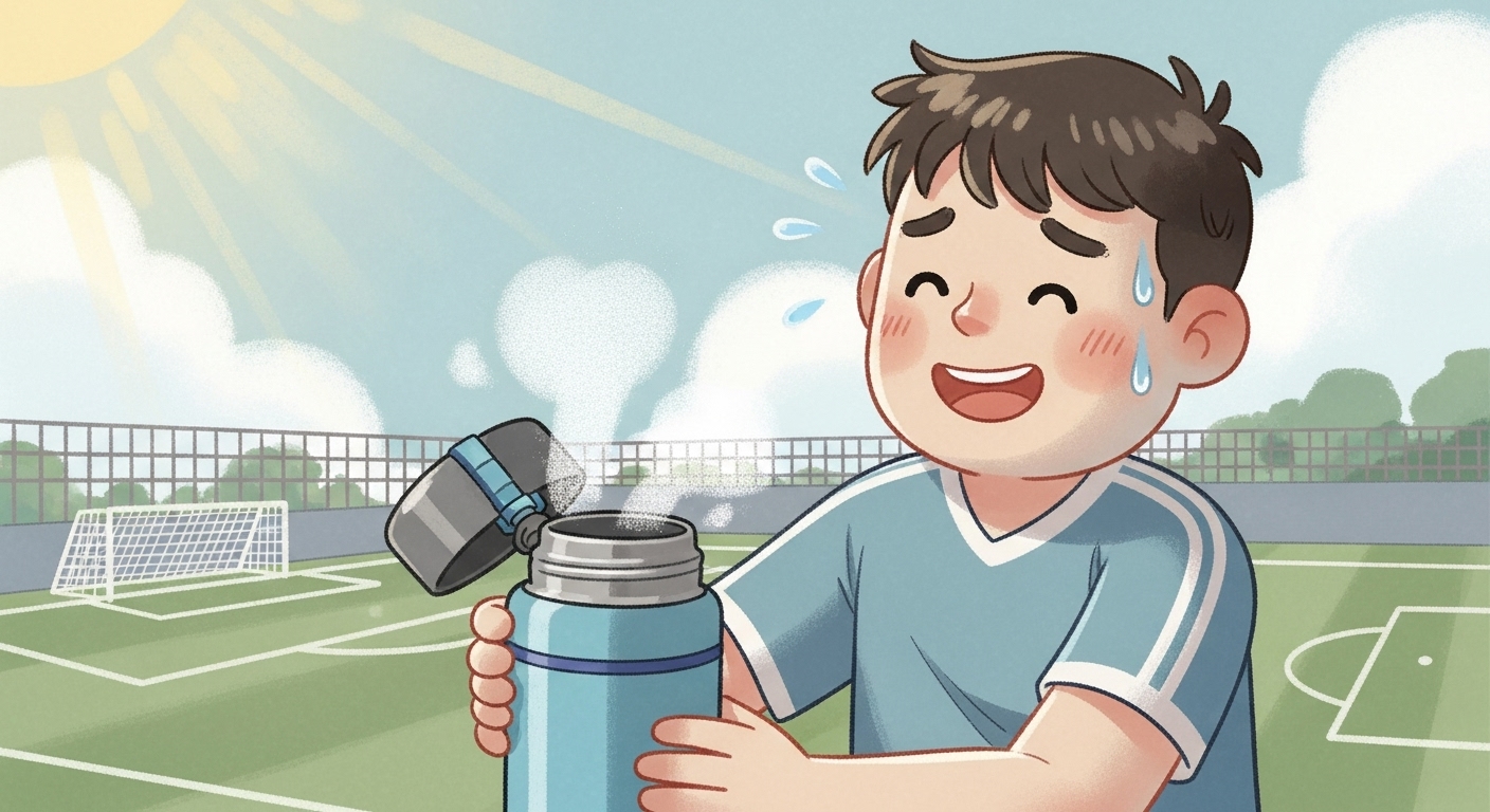 真夏のスポーツ後にサーモス水筒の冷たい飲み物でクールダウンするキャラクター