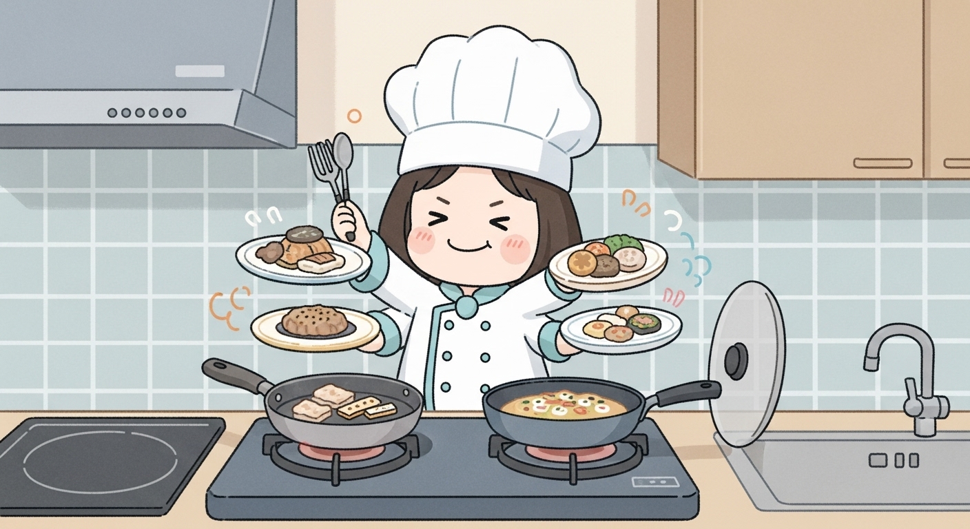 スタンド付きの蓋を-活用して-効率的に-料理をするキャラクター