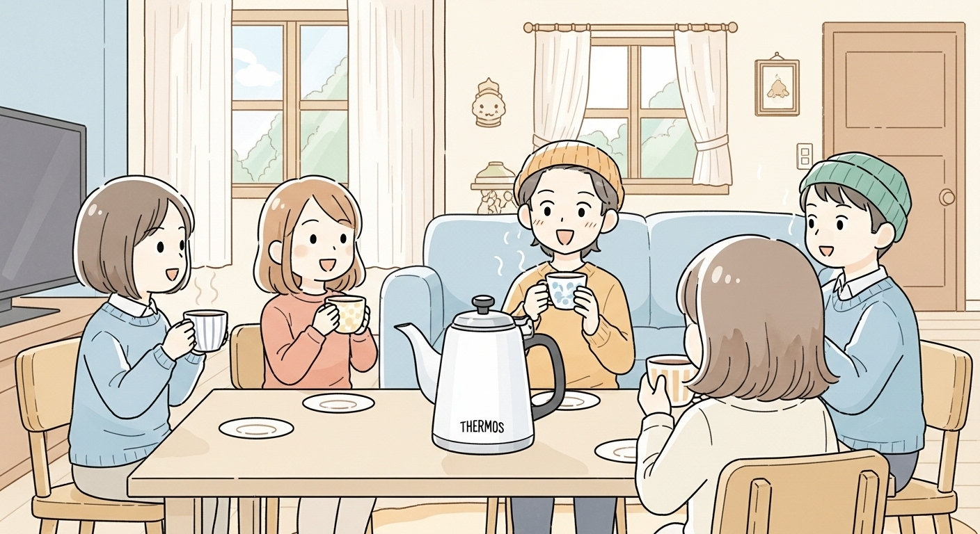 テーブルの中央にあるティーポットを囲んでお茶を飲むキャラクターたち