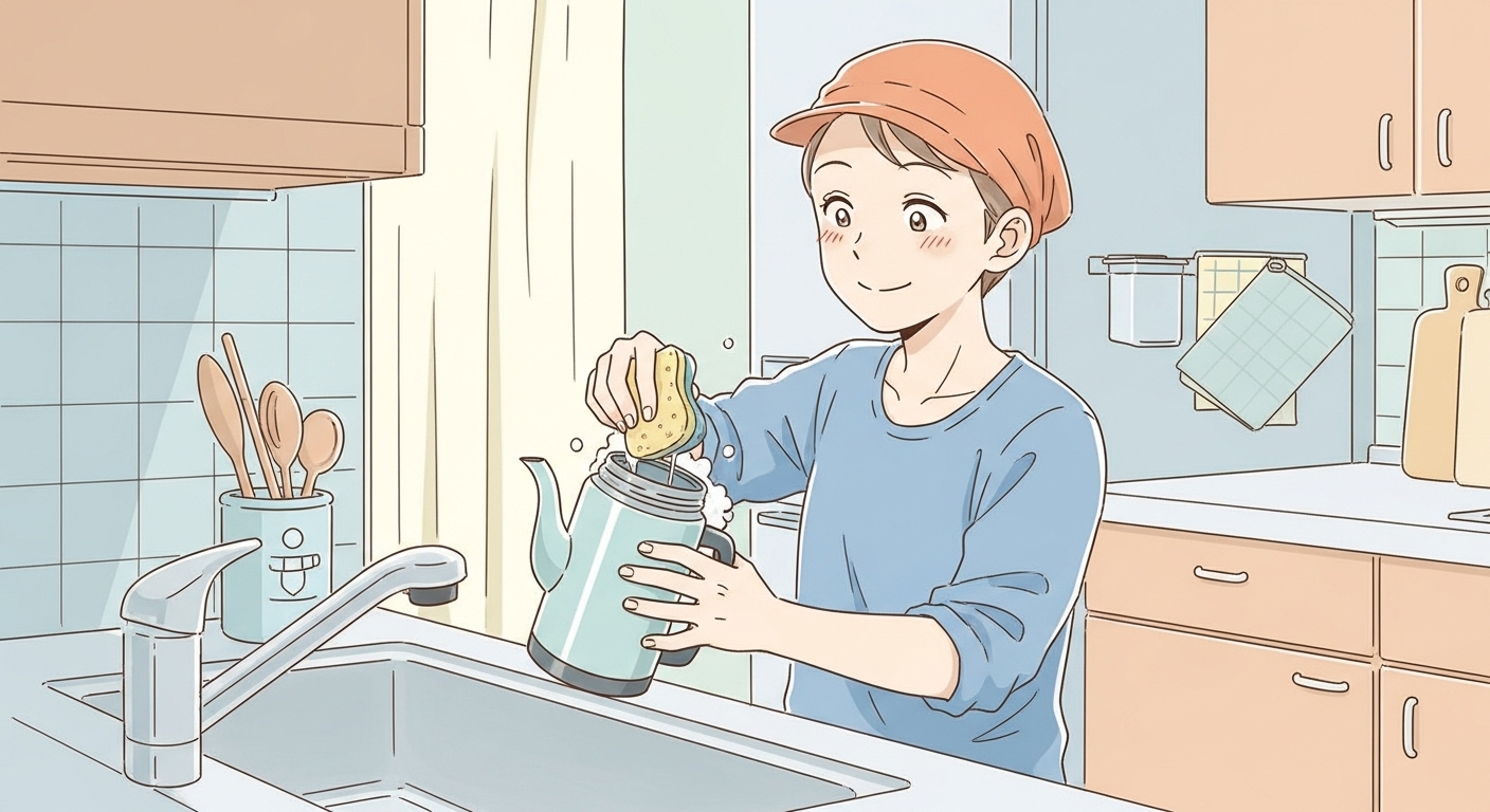 広口のティーポットの中を楽々と手で洗っているキャラクター