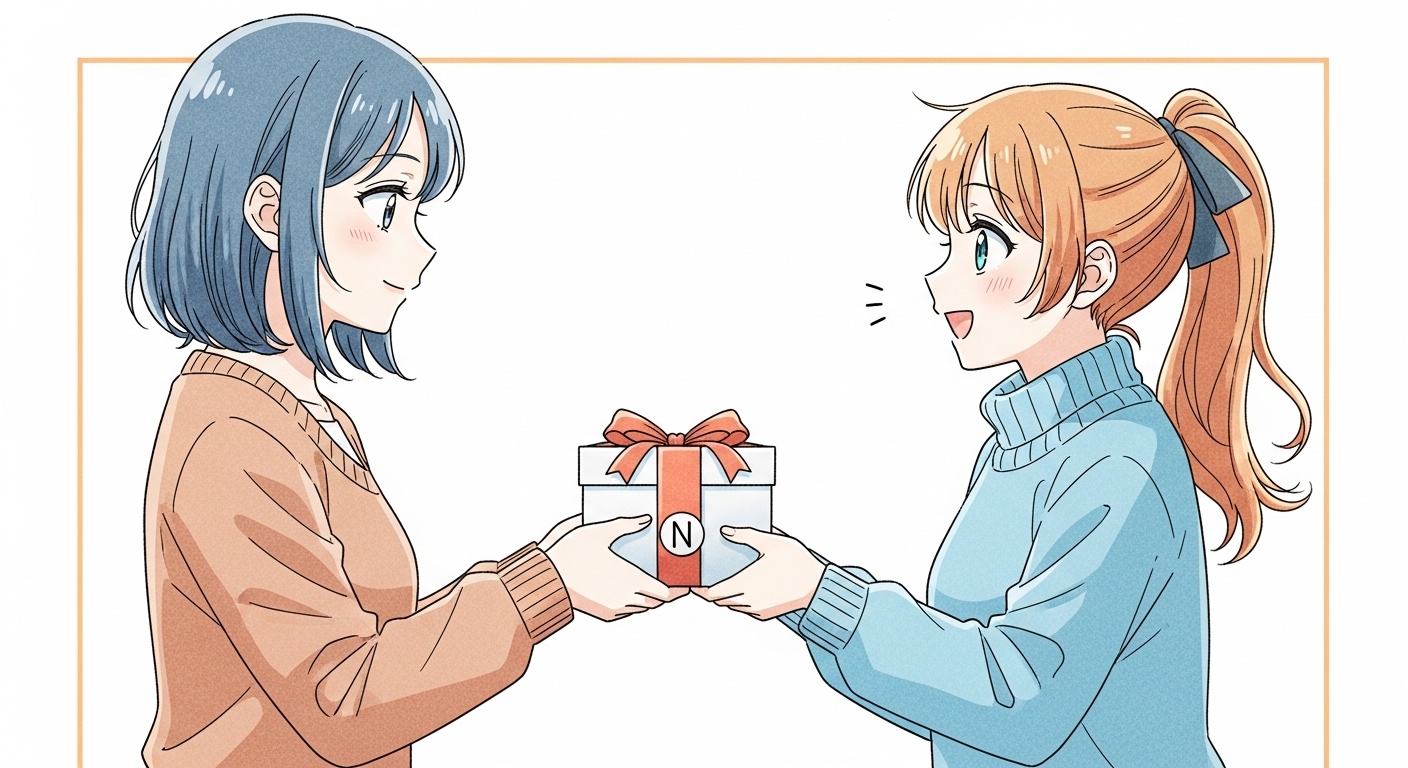 イニシャル入りのギフトボックスを受け取って喜んでいるキャラクター