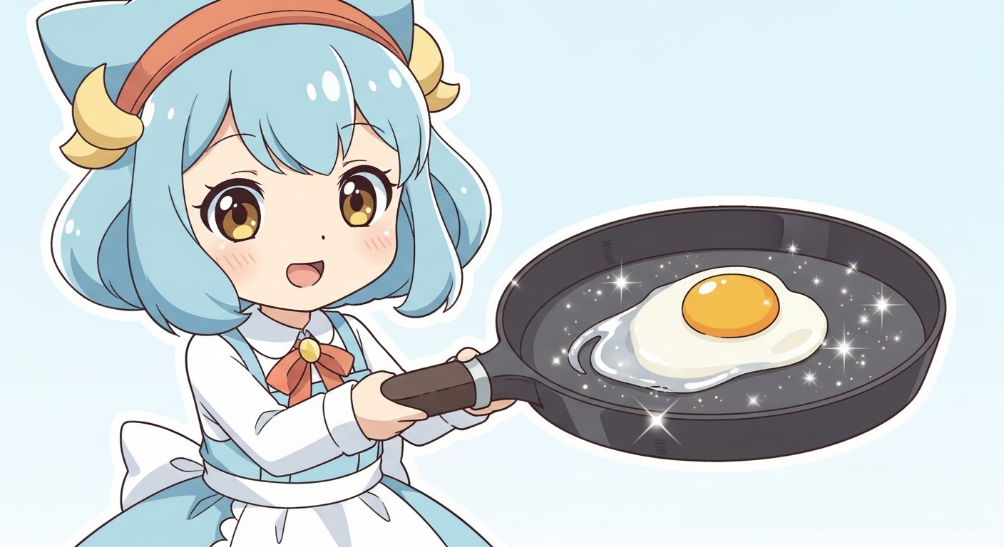 フライパンの上をスケートのように滑る卵のイラスト