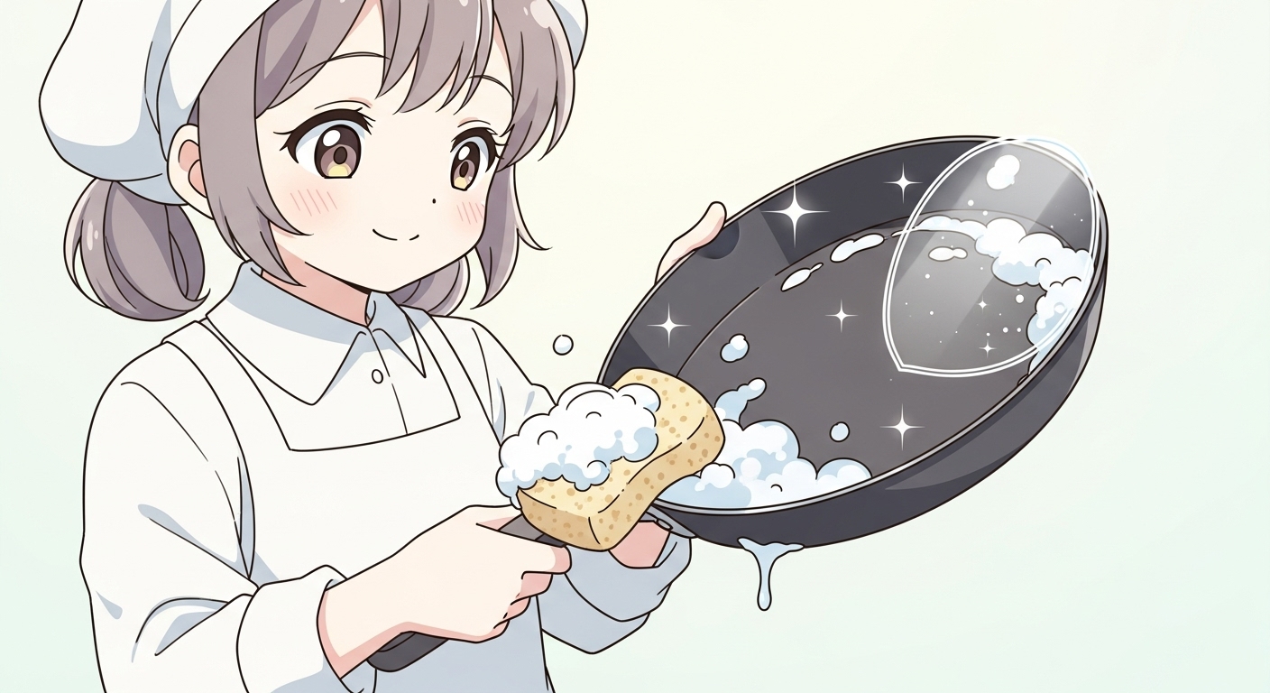 柔らかいスポンジで優しくフライパンを洗うキャラクター