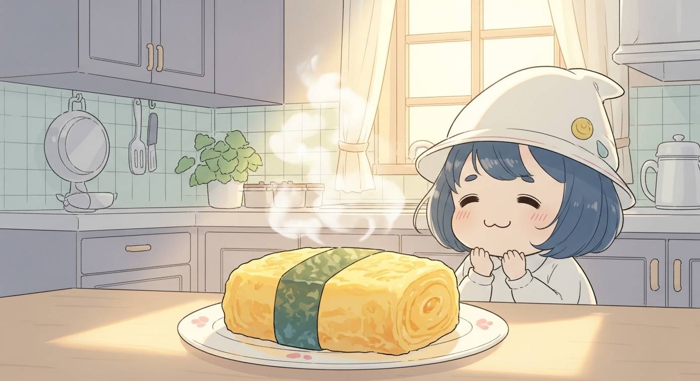 完璧な黄金色の玉子焼きを前に微笑むキャラクター
